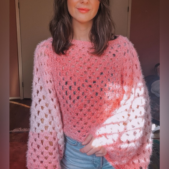Handmade Crochet Pink Ombre Granny Square Fuzzy Sweater Size S/M - Picture 2 of 8